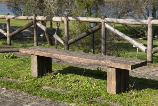 A closeup shot of a wooden empty bench in the park on a sunny day