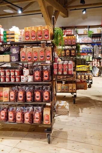 Vertical shot of different products for sale in Karl's Adventure Village in Koserow, Germany