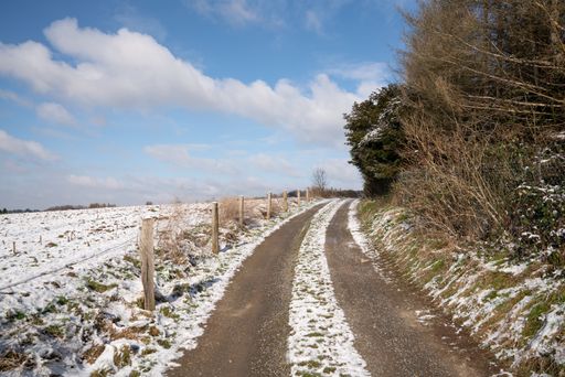 A snowy trail through the Bergisches Land region in Germany