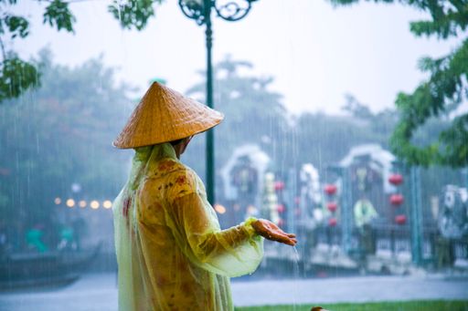 A person completely soaked in rain with a raincoat and a hat holding their hand under the rain outdoors