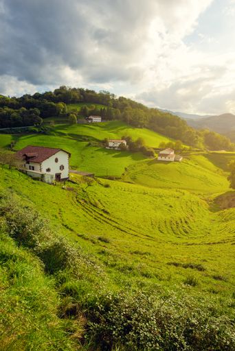 A beautiful rural landscape with houses in Basque Country, Spain