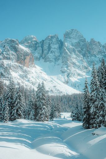 A beautiful view of the field covered in snow with the mountain in the background