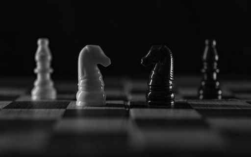 A black knight piece and a white knight piece facing off on a chess board