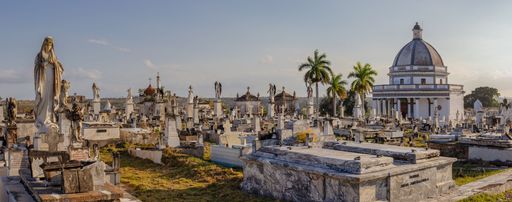 A peaceful cemetery featuring a grand monument surrounded by towering palm trees