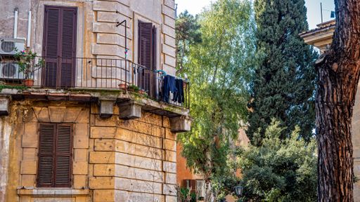 Rome 2021: Clothes, called panni, hung out to dry, in the typical buildings of the characteristic historic district of Garbatella. Rome, February 2021