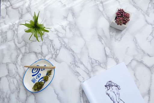 THC CBD Marijuana joint and flowers on ash tray with nude illustration on drawing pad on marble table and succulents.