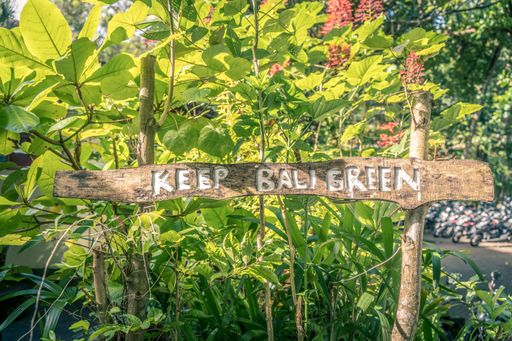 A closeup shot of a wooden sign with "Keep Bali green" writing