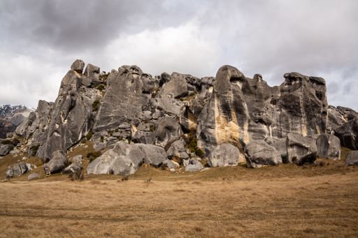 Castel Hill in Winter, New Zealand with a very dry scenery and tons of massive rocks
