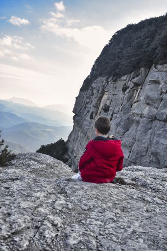 A vertical shot of a boy wearing a red jacket sitting on the top of a mountain from behind