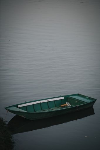 A vertical shot of a green boat on the lake
