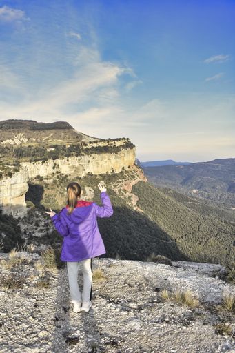 A vertical shot of a girl on the top of a mountain from behind