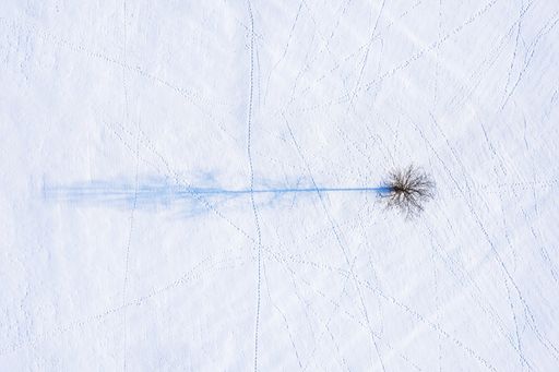An aerial shot of a field covered in the snow under the sunlight in Latvia
