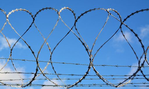 A closeup of barbed wires on fences under the sunlight and a bl