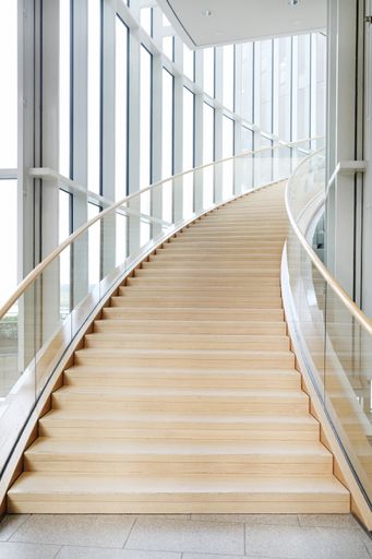 A low angle shot of a staircase of a modern building with glass wall