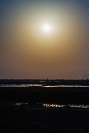 A beautiful landscape view of the brightly shining sunset sun over a cultivated agricultural land