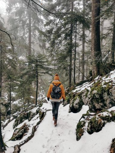 A rear view of woman in coat and hat walking on a snow path rocky mountainside