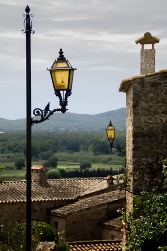 A vertical shot of old street lamps in a town