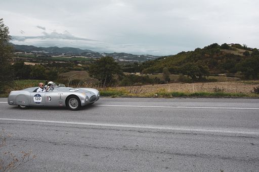 CAGLI , ITALY - OTT 24 - 2020 : CISITALIA 202 SMM SPIDER NUVOLARI 1947 on an old racing car in rally Mille Miglia 2020 the famous italian historical