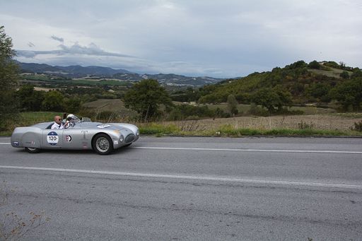 CAGLI , ITALY - OTT 24 - 2020 : CISITALIA 202 SMM SPIDER NUVOLARI 1947 on an old racing car in rally Mille Miglia 2020 the famous italian historical