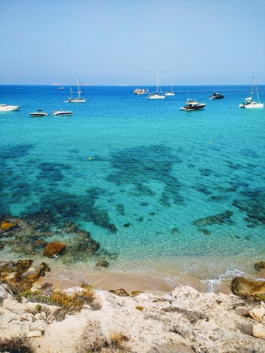 A vertical shot of the beach next to Ibiza and boats in it