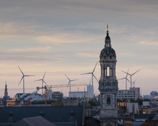 The St. Michael’s Church, buildings, and wind turbines in Hamburg, Germany
