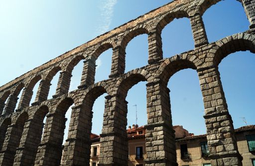 A bottom view shot of Aqueduct of Segovia in Segovia, Spain