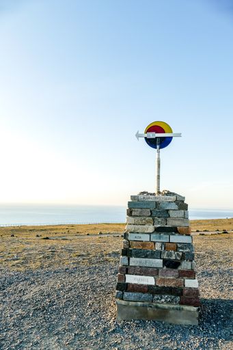 A vertical shot of a flag on the beach