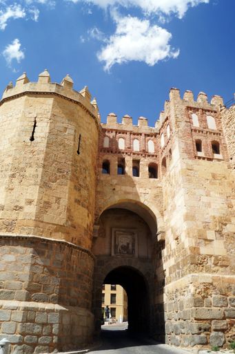 A bottom vies shot of Puerta de San Andrés in Segovia, Spain