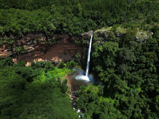 An aerial shot of the Lonecreek falls waterfall surrounded by green forest in Sabie, South Africa.