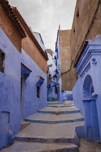 A beautiful alleyway in Chefchaouen, Morocco, adorned with blue-painted houses