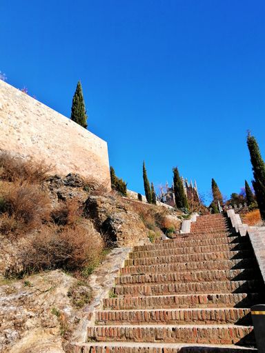 A vertical shot of stairs leading to a garden in Toledo, Spain
