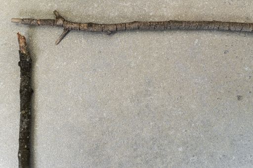 A top view of twigs laid out on the top and left side of the asphalt background with copy space