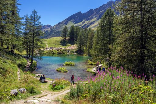A beautiful shot of a lake near the mountains and surrounded by trees and people