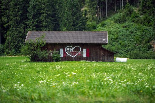 A selective focus shot of a wooden house on a grassy field and trees in the background