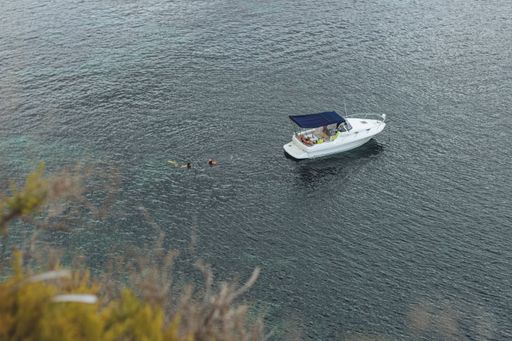 A top view shot of a white boat with people in and next to it close to a beach