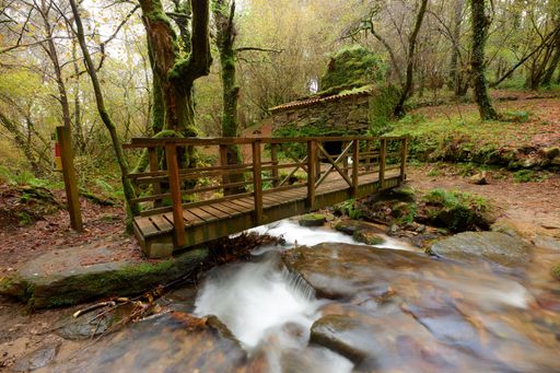 A wooden bridge and an old abandoned stone house next to a river in the area of Galicia, Spain
