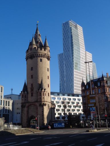 Old meets young. The Eschenheimer tower was built in the 15th century, the tower behind, the Nextower, 2009. More than 500 years of building history.