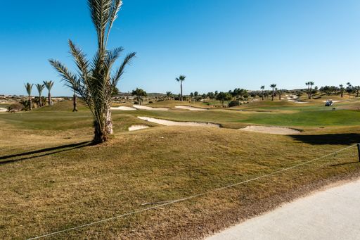 A gold course with trees and pathways under a clear blue sky in Spain