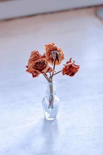 A vertical shot of a glass vase with dried roses