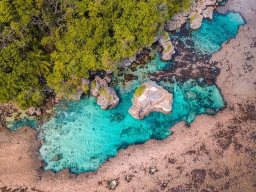 An aerial top view of rocks near a shore with a dense forest on Siargao Island, The Philippines