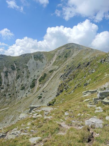 A vertical shot of beautiful mountainous landscape under a cloudy sky