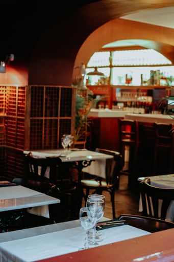 A vertical shot of an empty cafe interior