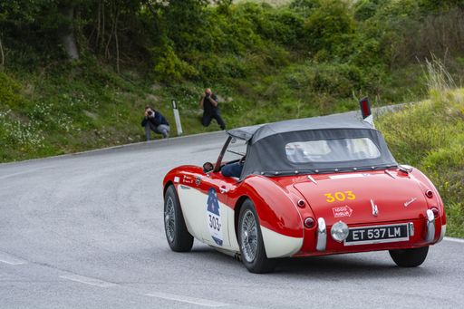 CAGLI , ITALY - OTT 24 - 2020: CAGLI , ITALY - OTT 24 - 2020: AUSTIN HEALEY 100 6 1957 an old racing car in rally Mille Miglia 2020 the famous italian