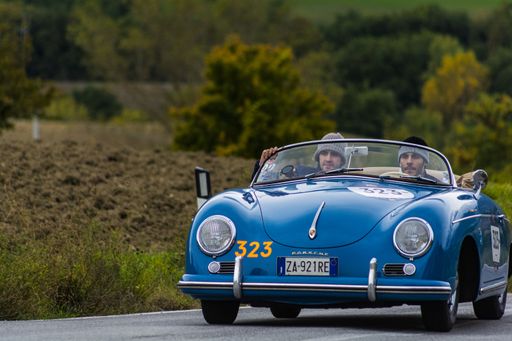 CAGLI , ITALY - OTT 24 - 2020 : PORSCHE 356 1500 SPEEDSTER 1955 on an old racing car in rally Mille Miglia 2020 the famous italian historical race