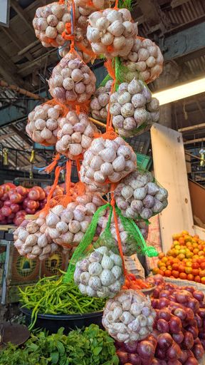 A vertical shot of garlic with vegetable packaging nets hanging from the ceiling in the Indian market