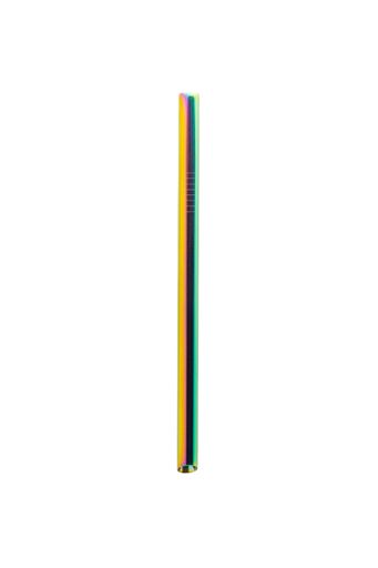Vertical photo of green and yellow colored thick metal straw isolated on white background.