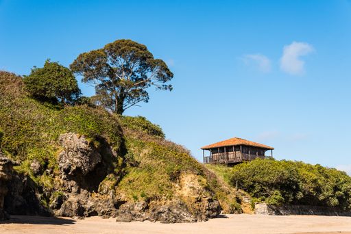 A beautiful view of an old house near the beach surrounded by trees and grass under a blue sky