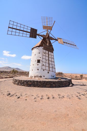 A vertical low angle shot of fuerteventura windmill of canary islands in spain