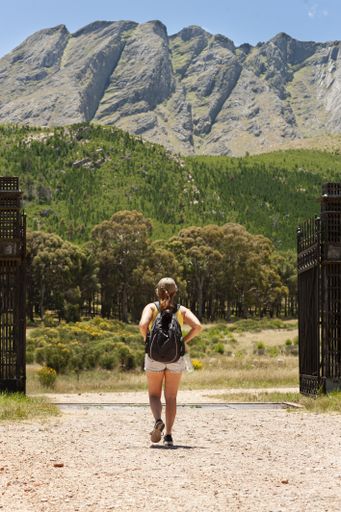 A middle-aged Argentinian woman leaving the Ernesto Tornquist Provincial Park in Buenos Aires Province