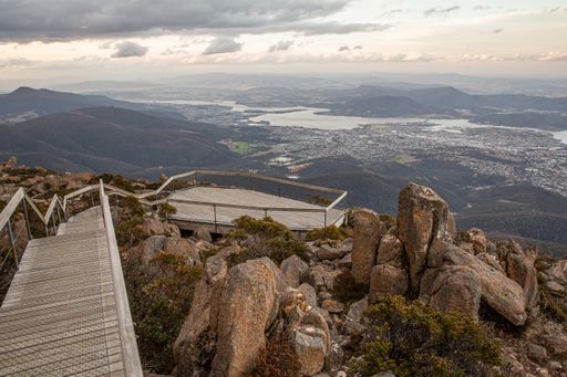 A breathtaking aerial view over Hobart from a lookout on Kunanyi Mount Wellington, Tasmania, Australia